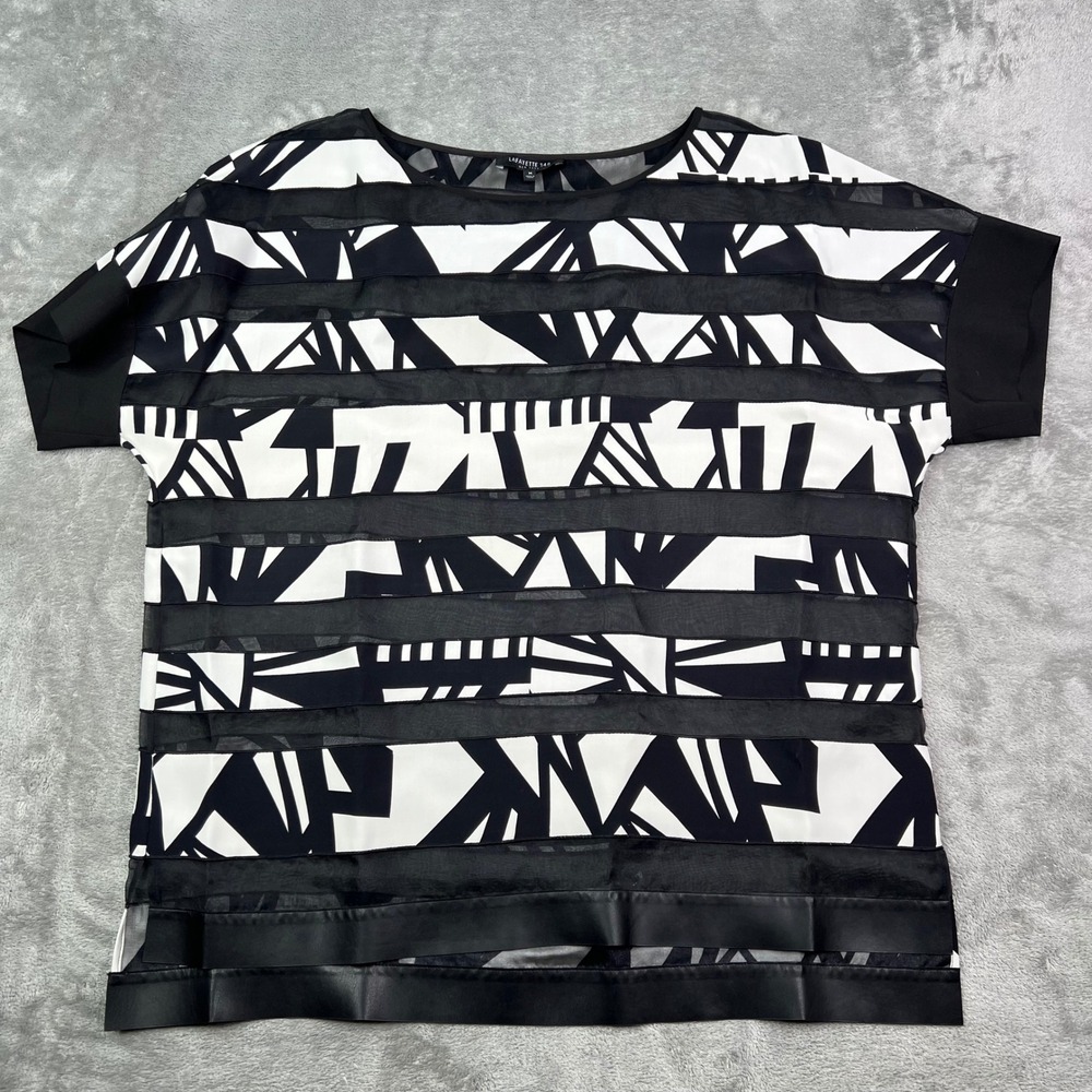 Lafayette 148 New York Geometric Blouse Womens Medium Black White Silk Mesh Trim